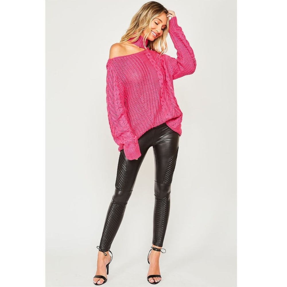 Ivory Cold Shoulder Choker Neck Cable Knit Sweater - Picture 4 of 6